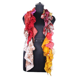 Recycled Vintage Style <b>Silk</b> Stole SC0402 Frill <b>Scarves</b> Stole Trendy Design Stole for Girls Sari Patches <b>Scarf</b> Colorful Frill - Product Image 1