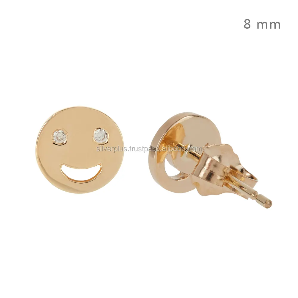 14k Yellow Gold Smiling Face With Open Mouth smile Diamond Stud Earrings for Sale