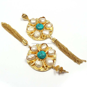 ต่างหูไข่มุกและเทอร์ควอยซ์ทำด้วยมือชุบทองโบราณสำหรับผู้หญิงสำหรับงานแต่งงานงานหมั้นวันครบรอบ - Product Image 2