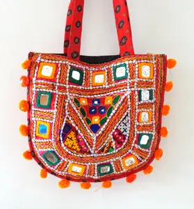Indian ethnic kutch embroidered handbag - Gujarati mirror work embroidery shoulder bag - Vintage old style boho handbag