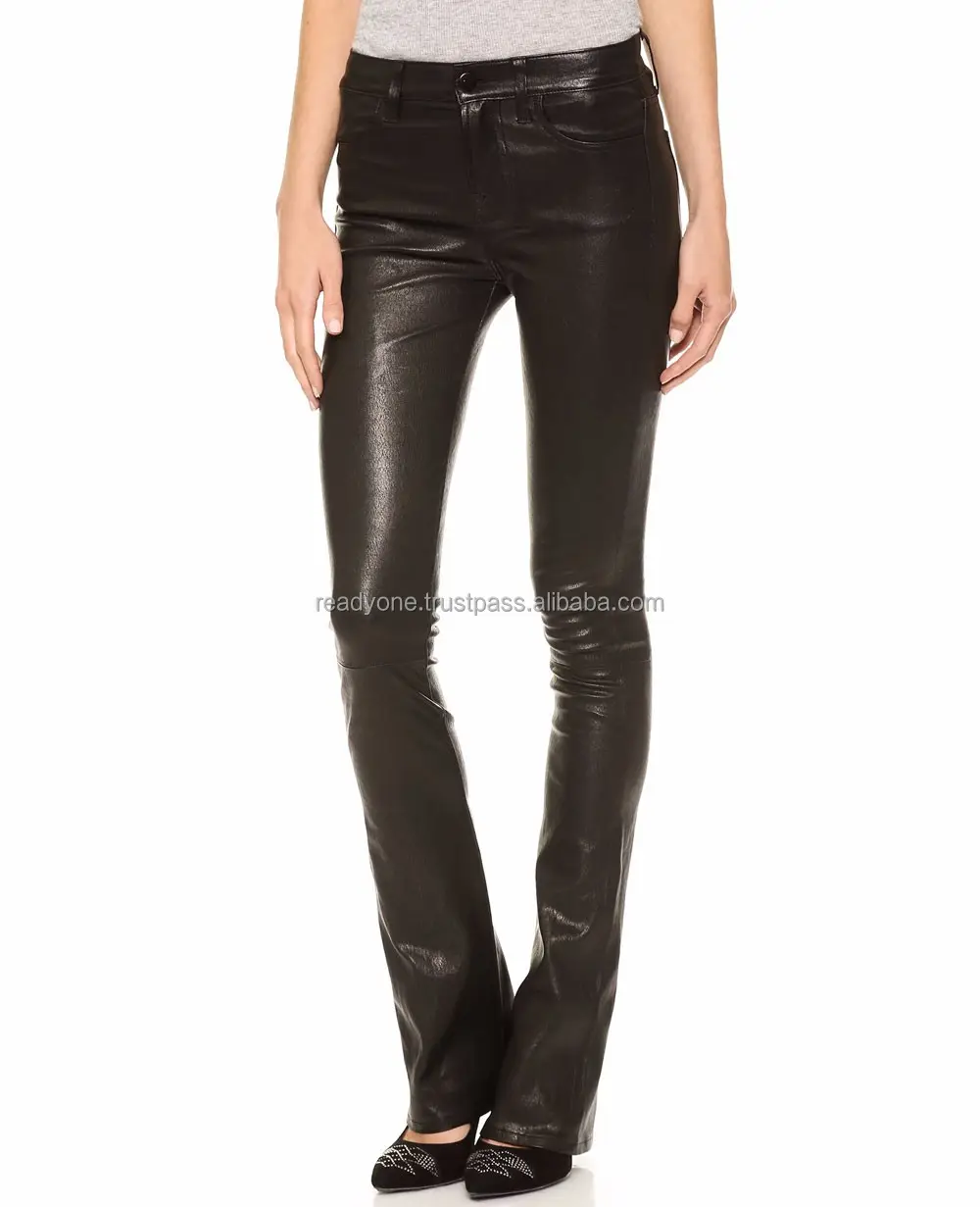 high quality skinny women leather pants in black color with elastic waist / Leather