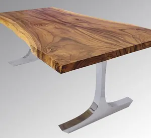 Fangsuar — Table à manger en bois de teck épais, Table moderne en acier inoxydable, métal, laiton, cuivre, aluminium