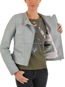 Veste en cuir de mouton gris pour femmes de qualité supérieure manteau de motard coupe ajustée élégant respirant automne hiver vêtements d'extérieur chauffés - Product Image 3