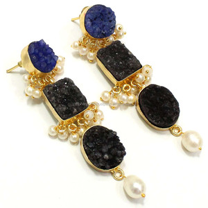 Boucles d'oreilles pendantes en agate de sucre multicolore faites à la main Vintage belle perle Style baiser bijoux de mode plaqué or antique - Product Image 1