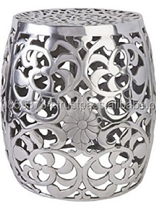 Tabouret de Tambour Métal Embossé Fleur et Feuilles Design Aluminium Gris Métal Tabouret de Jardin pour Décoration Table Ronde Fait Main - Product Image 2