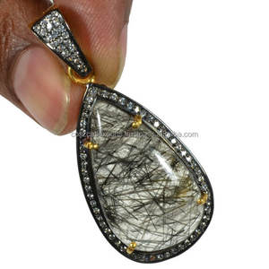 Connecteurs en laiton plaqué or 10 mm en forme de poire, sertis de zircone cubique (CZ) et de rutile noir, pour boucles d'oreilles et colliers - Vente en gros - Product Image 1