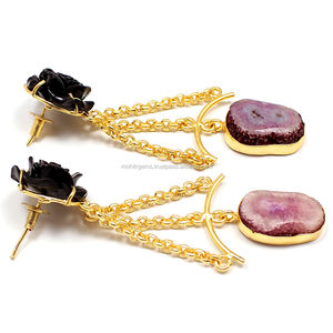 Boucles d'Oreilles Créoles Vintage en Diamant Druzy avec Fleur Noire Bijoux de Chaîne à Maillons en Acier Inoxydable de Haute Qualité - Product Image 2