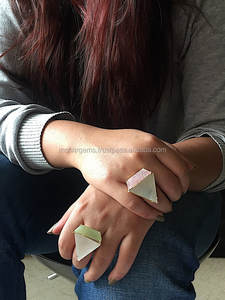 Handmade Adjustable Trillion Shape <b>Mother</b> of Pearl Ring Unique Stylish Long Colored Stone Pearl Rings - Product Image 2