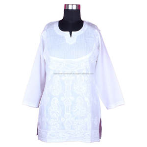 DR175 Chicken Work Kurti Pour Femmes Coton Chikankari chemise tunique Femmes porter broderie casual party wear top blouse lucknowi - Product Image 1