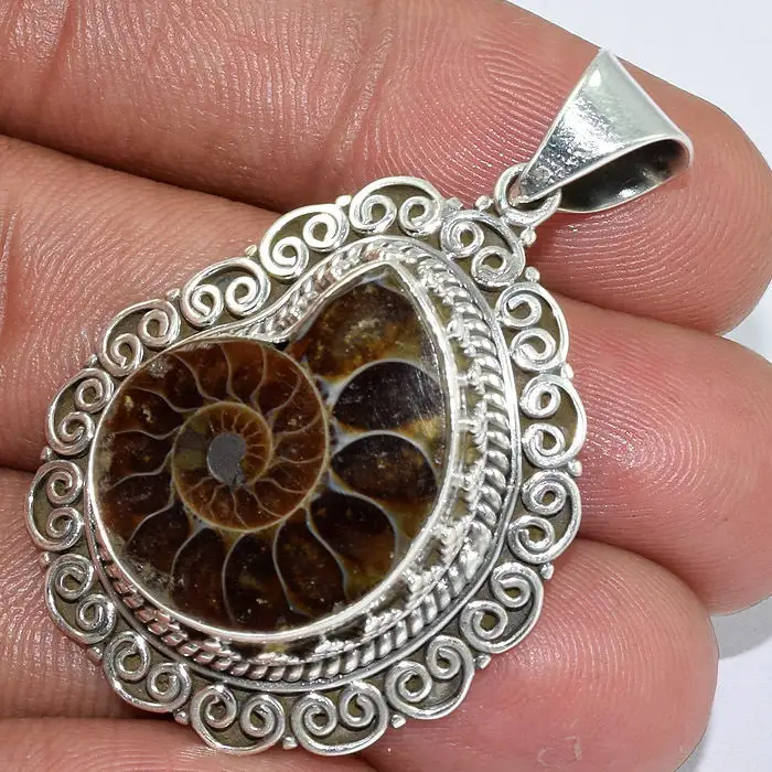 Silver ethnic jewelry from jaipur ammonite fossil gemstone pendant 925 sterling silver jewelry pendant