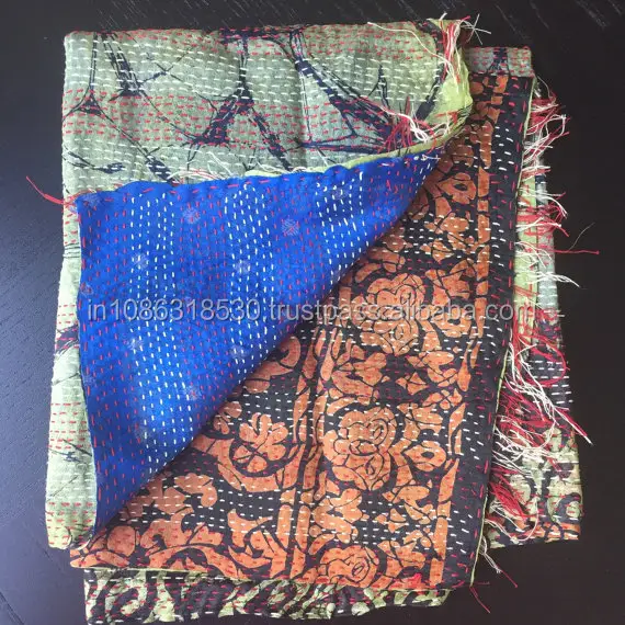 インドの手作りステッチカンタリバーシブルヴィンテージキルティングシルクストール女性カンタシルクサリスカーフショールデュパッタネックラップスカーフ
