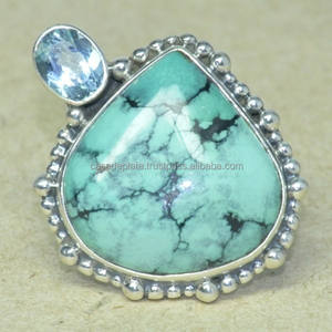 แหวนเพชรประดับทำด้วยมือสีเงินพร้อมบุษราคัมสีฟ้าและไข่มุกน้ำจืดขายส่ง - Product Image 2