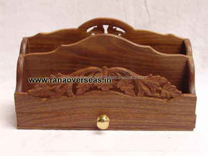 Brown <b>Wooden</b> <b>Letter</b> Rack Desk Organizer With 2 Self and Leaf Carved Design for Living Room - Product Image 2