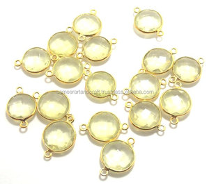 Lemon Quartz Gemstone Pendentif 10mm Forme Facette Double Bail Connecteur À La Main En Argent Sterling Plaqué Or Jaune Bijoux - Product Image 1