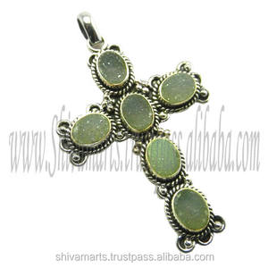 Colgante de Cruz de Plata de Ley 925 con Piedra Preciosa Druzy para Joyería Cristiana, Colgantes y Dijes de Joyería Fina - Product Image 2