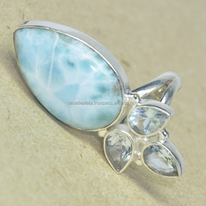 925เครื่องประดับเงินแท้ Larimar, แหวนพลอยบุษราคัมสีฟ้าแหวนชุบเงินดีไซน์ล่าสุดสำหรับผู้หญิง, เด็กผู้หญิง - Product Image 1