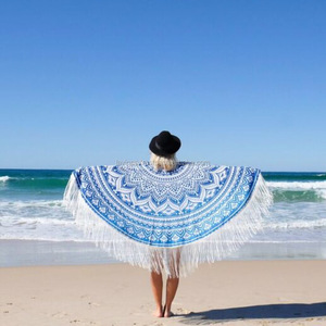 Tapiz de playa redondo con Mandala azul, tapiz bohemio de pared, colcha - Product Image 1