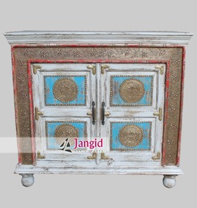 <b>Vintage</b> Reclaimed Wood Distressed White Washed Living Room Cabinet Brass Floral Work Storage Cupboard Handmade Hotel Farmhouse - Product Image 2