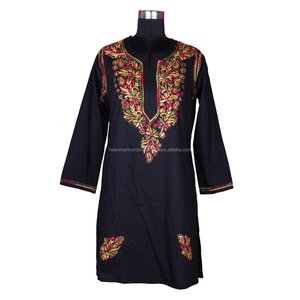 DRL006Chicken Embroidered Long Kurta Indian Cotton Tunic Floral Top Holiday Clothed Size S, M, L, XL, XXL Indian Designer Cotton - Product Image 1