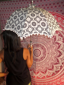 Paraguas de algodón de tamaño cero Vintage, sombrilla de lluvia de estilo bohemio Hippie con paneles de encaje, patrón recto de Control Manual - Product Image 3