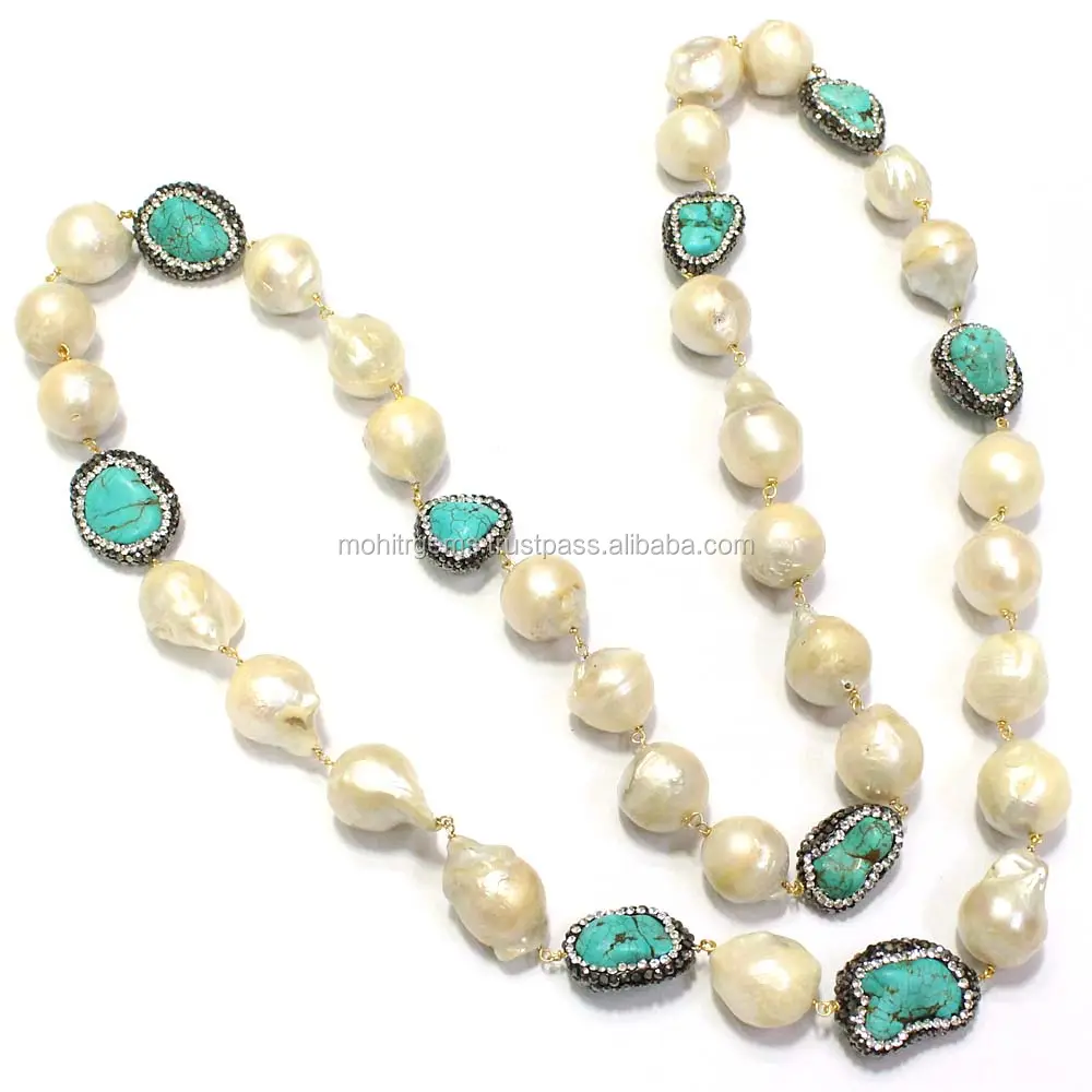36" Inch Long Endless Uneven Shape Turquoise With Barque Pearl Long Beaded Necklace