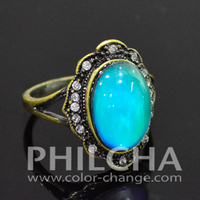Bague Ovale Vintage en Alliage de Zinc Multicolore Changeant de Couleur avec Pierre d'Humeur 10x14mm pour Femme, Idéale pour Cadeau de Fête