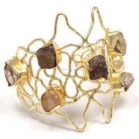 Bracelet manchette ajustable vintage pour femme, en pierres de quartz semi-précieuses multicolores brutes, serties sur fil, style statement