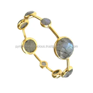 Pulsera de GEMA de labradorita de plata de ley chapada en oro, brazalete de piedra redonda de 10mm