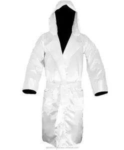 Robe de boxe em cetim branco/barato, roupões de boxe/robe de boxe com capuz