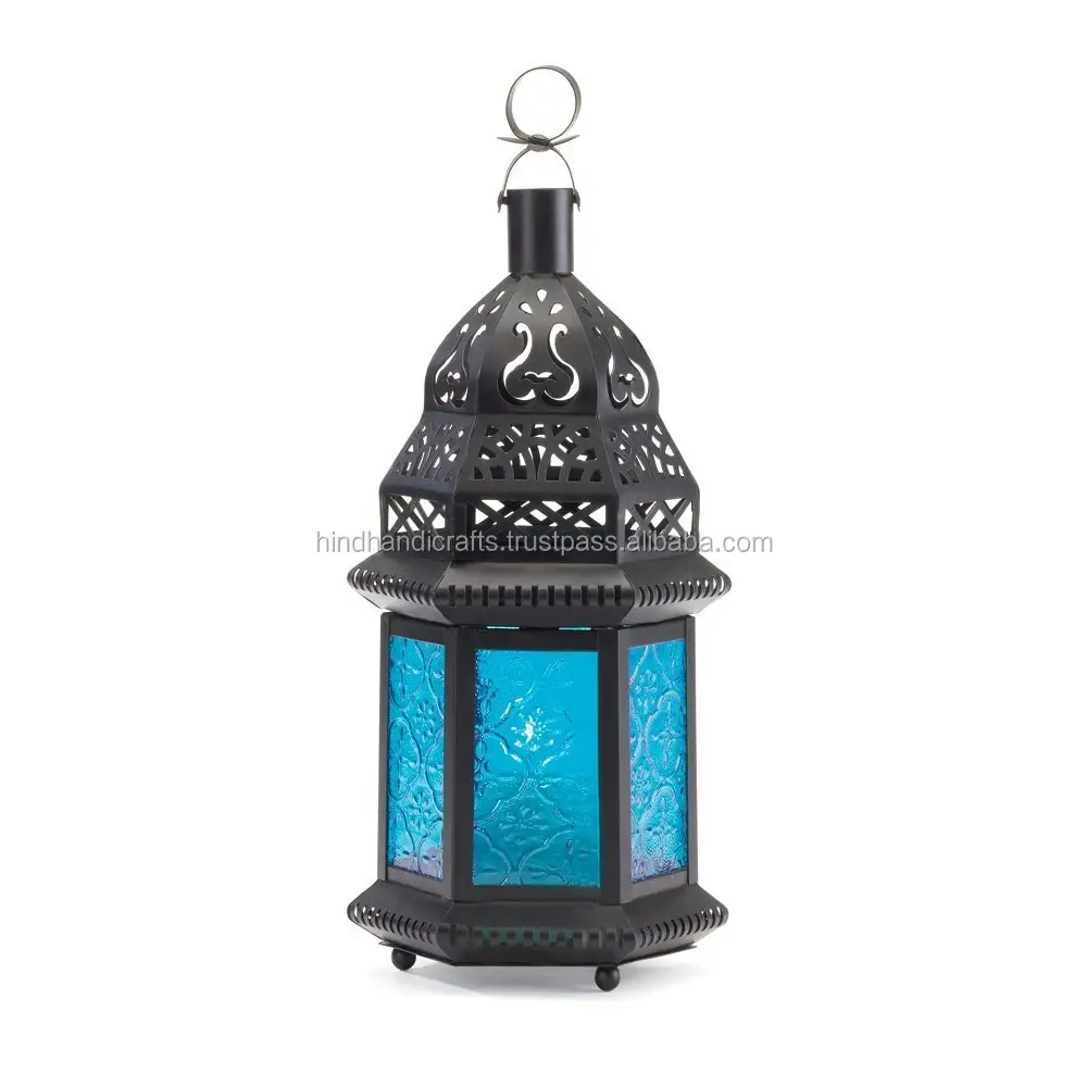 Blue Glass Iron Moroccan Lantern