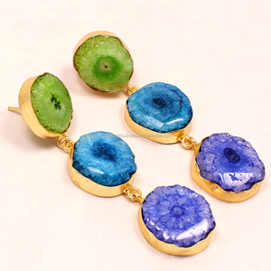 Vintage Solar Quartz <b>Statement</b> Fashion Drop Earrings 3-Collections Beautiful Unshaped with Cap - Product Image 2