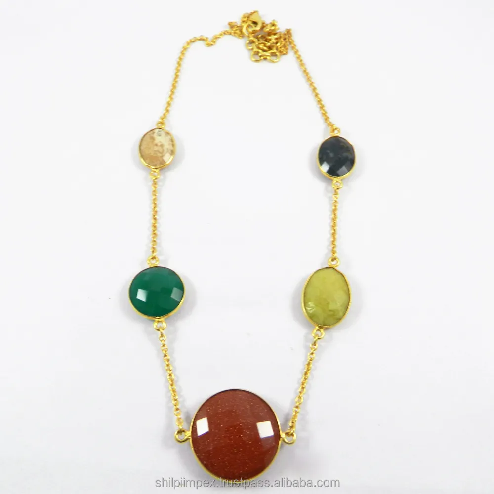 Sunstone, green onyx serpentine 18k gold plated long chain necklace jewelry