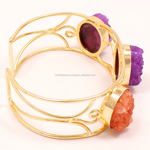 Fait à la main Vintage magnifiquement réglable trois pierres sucre Quartz alliage manchette Bracelet bijoux de mode déclaration de fil incurvé - Product Image 3