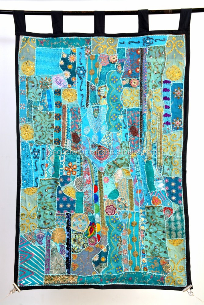 Marusthali Arazzo indiano ricamato a mano, stile patchwork, stile vintage, da appendere alla parete, stile vecchio sari (nero, 101 x 152 cm