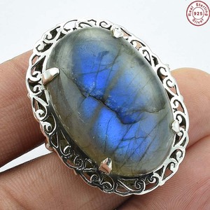 แหวนพลอยไฟสีฟ้าลาบราดอไรต์ธรรมชาติ925แหวนหินขนาดใหญ่ทำด้วยมือเครื่องประดับเงินอินเดียสไตล์ Boho - Product Image 1