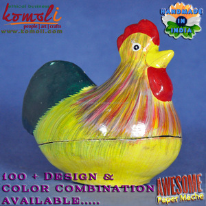 Rustic hand painted rooster figurine box, artisan handcrafted decorative chicken showpiece with a rustic yellow and green finish - Product Image 2