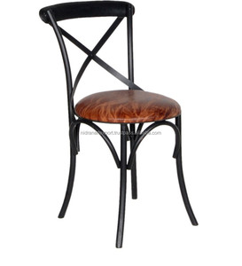 Silla de comedor con respaldo X de metal negro de hierro industrial y vintage moderna asiento de cuero genuino para el hogar, hotel o apartamento - Product Image 2
