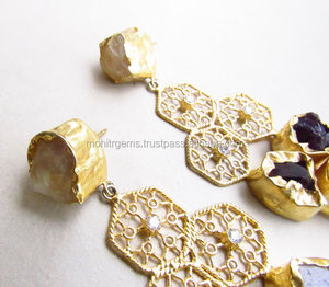 Pendientes de aro de filigrana de oro de estilo indio, fiesta de cóctel, boda, amatista cruda adecuada, aleación de Cuarzo Rosa, regalo perfecto, compromiso - Product Image 2