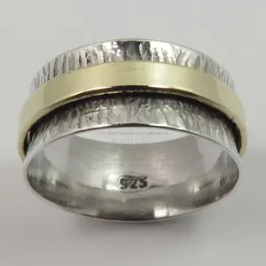 Anillo giratorio de meditación, nueva colección 925, plata esterlina sólida, liso, dos tonos, cada tamaño Joyería hecha a mano