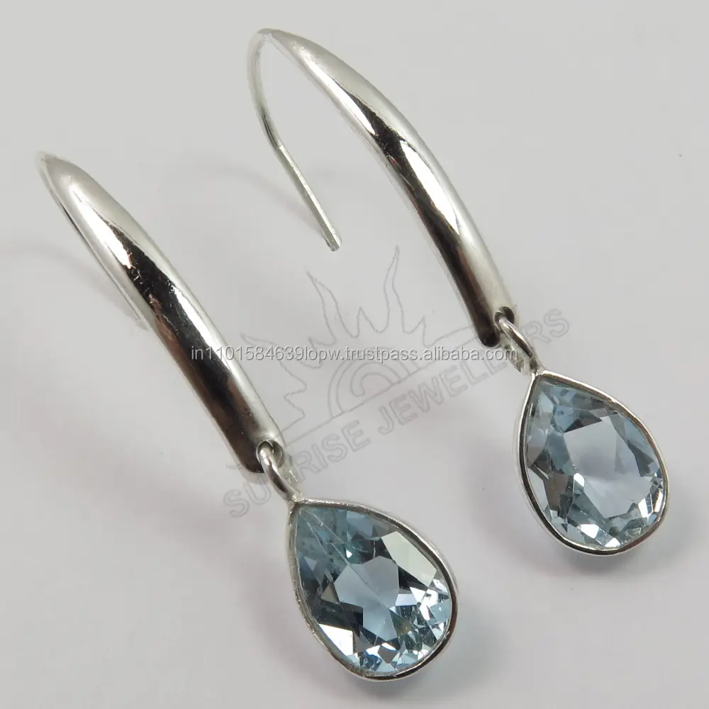 ladies earrings designs pictures Natural blue topaz Pear Faceted Gemstone 925 Solid Sterling Silver ! Fashion Jewelry