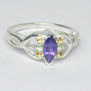 Anillo de Plata de Ley 925 Hecho a Mano con Engaste de Bisel con Amatista, Citrino y Peridoto, Elegante para Mujer, para Bodas y Fiestas - Product Image 3