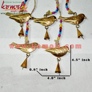 Handcrafted metal bird and bell wind chime, decorative hanging <b>ornament</b> with beaded string, artisan <b>wall</b> decor - Product Image 3