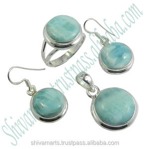 Bijoux de pierres précieuses rondes en larimar naturel, ensemble de boucles d'oreilles et bagues en argent sterling 925 faits à la main pour femme - Product Image 2