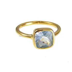 Swiss Blue Topaz Gemstone Cushion Shape Bezel set Gold Vermeil 925 Sterling Silver Ring Stone Size 10mm Gemstone 925 Silver Ring