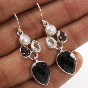 Bezel Set SMOKY & CRYSTAL QUARTZ <b>Gold</b> Plated 925 Sterling Silver Drop <b>Dangle</b> <b>Earrings</b> - Product Image 1