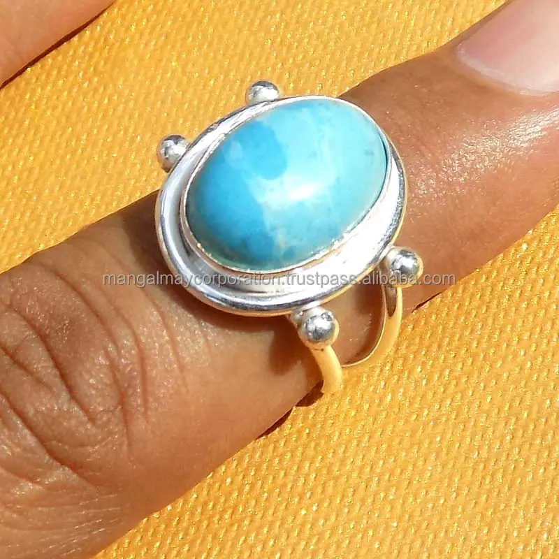 Mooie Larimar Ovale Vorm Edelsteen Ring Mannen Sieraden 925 Verzilverde Bezel Instelling Ring Voor Dagelijks Dragen Sieraden Ring