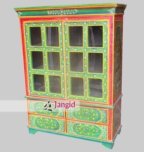 Antique Look Reclaimed Recycled Mango Wood <b>Green</b> Hand Painted Wardrobe Almirah <b>Cabinet</b> with Glass Fitted For Living Room Hotel - Product Image 2