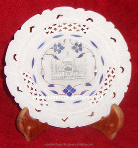 Assiette décorative ronde en marbre blanc avec incrustation, design unique et incrustation Taj Mahal, fabriquée par le meilleur designer indien pour un usage cadeau - Product Image 1