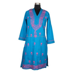 DRL016Chicken bordado largo Kurta algodón indio túnica Floral Top vacaciones vestido tamaño S, M, L, XL, XXL ropa de fiesta occidental - Product Image 1