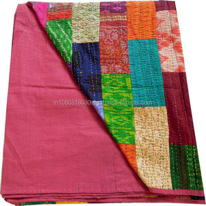 Colcha Vintage de seda <span class=keywords><strong>Kantha</strong></span>, colcha de retales hecha a mano, colchas acolchadas